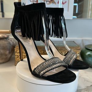 Vince Camuto - Black Suede Open-Toe Heels - Ankle Fringe, Beads/Sequins - EUC 9M